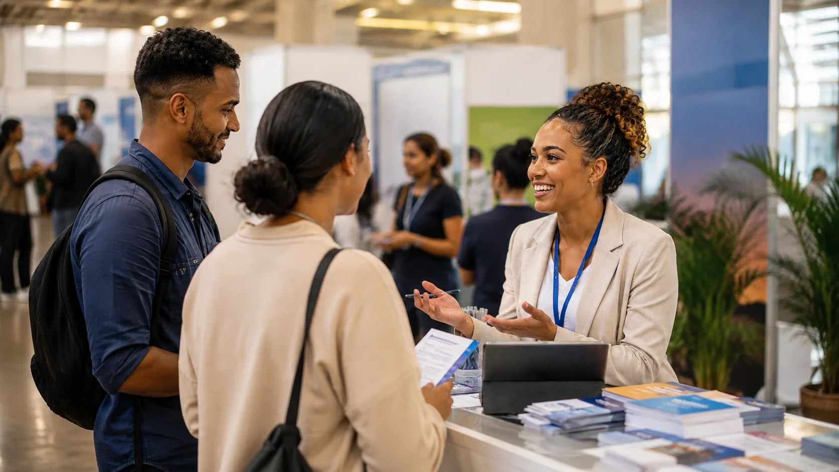 Stand exposant en activité : échange entre une exposante et deux visiteurs du salon