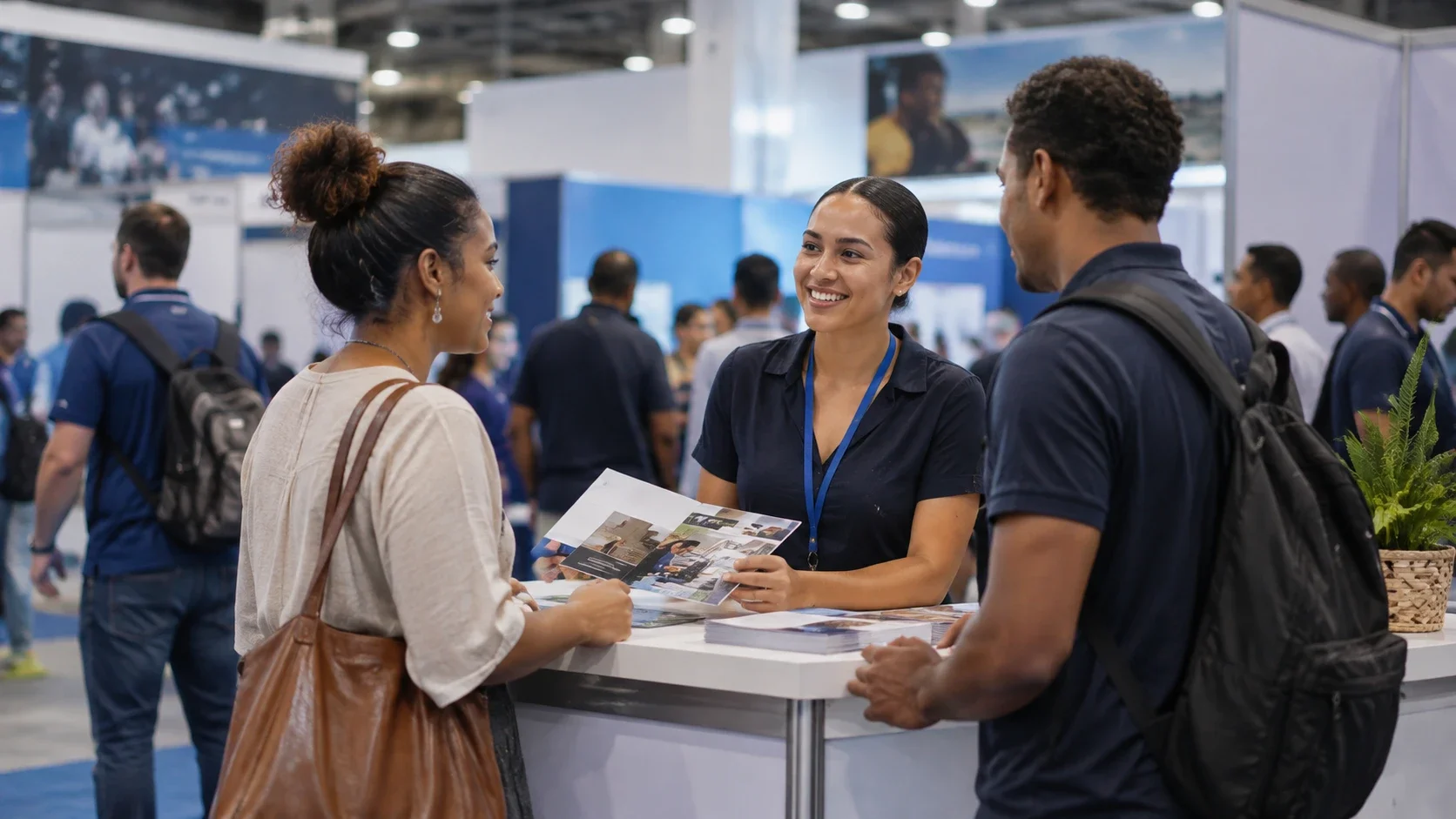 Recruteuse échangeant avec deux visiteurs sur un stand du Hall Emploi-Formation