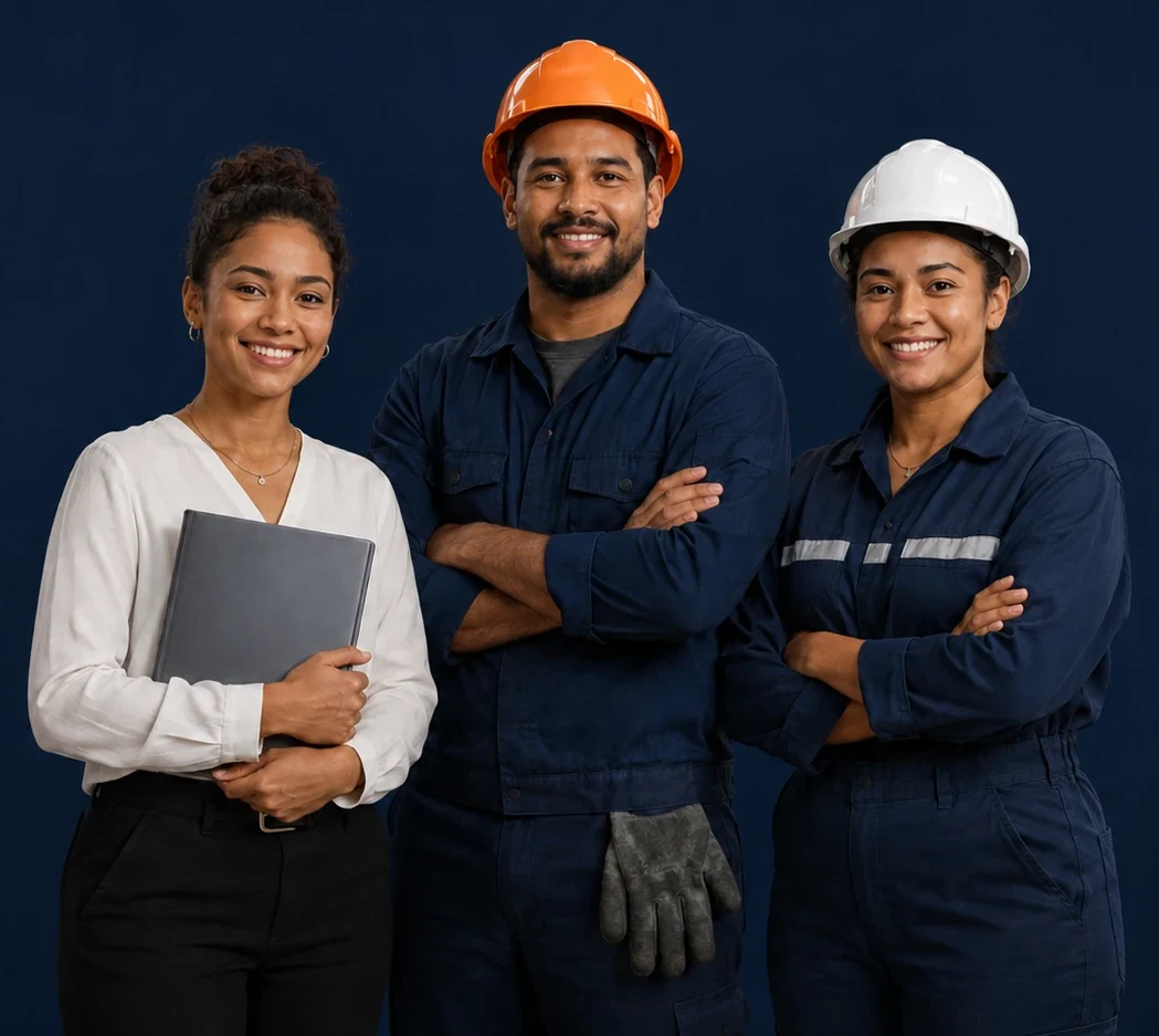 Professionnelle avec un dossier, technicien casque orange et technicienne casque blanc, représentant les univers Emploi-Formation et Maintenance & Industrie