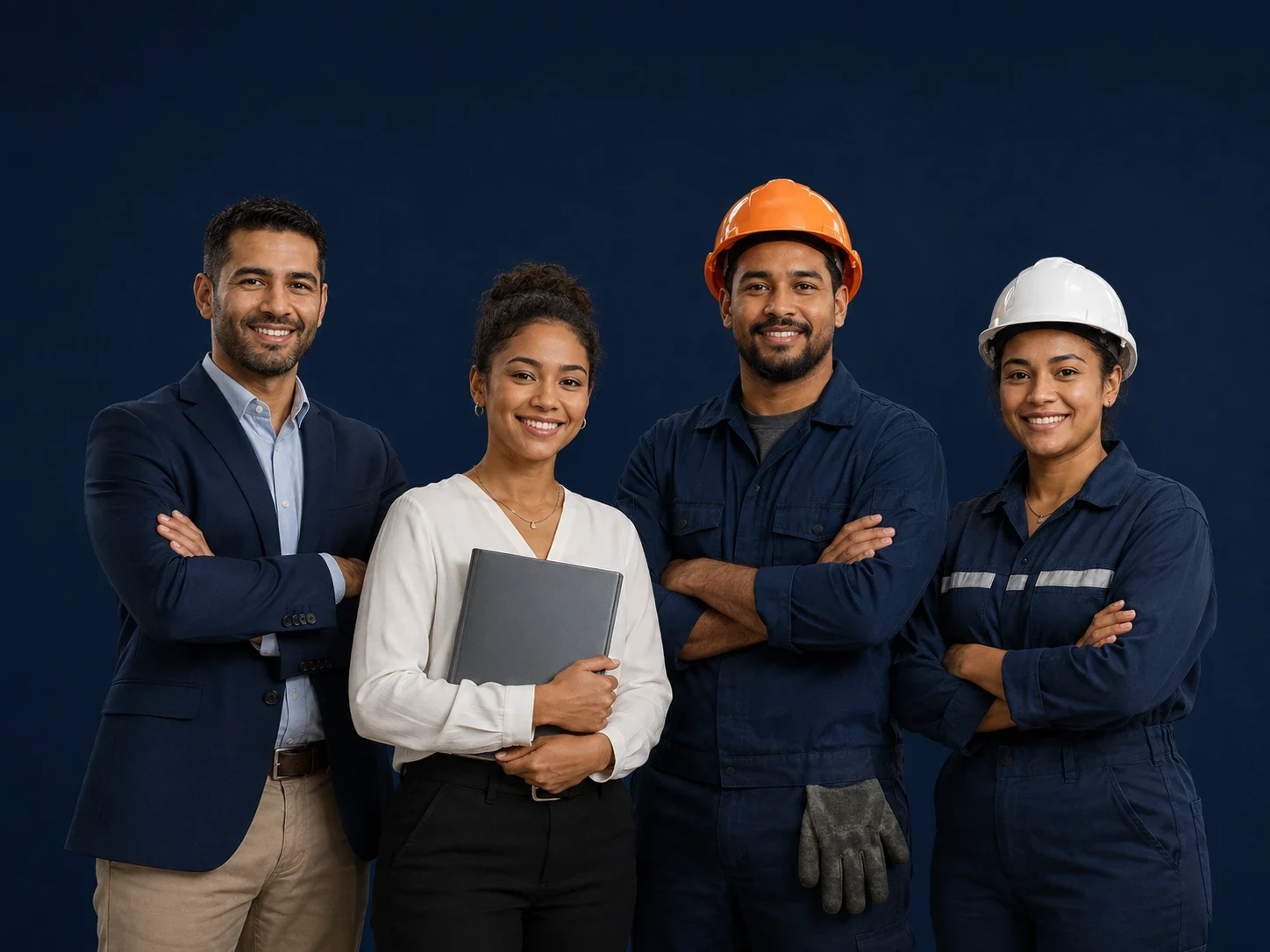 Équipe du salon : cadre en costume, professionnelle avec un dossier, et deux techniciens casqués, représentant les univers Emploi-Formation et Maintenance & Industrie