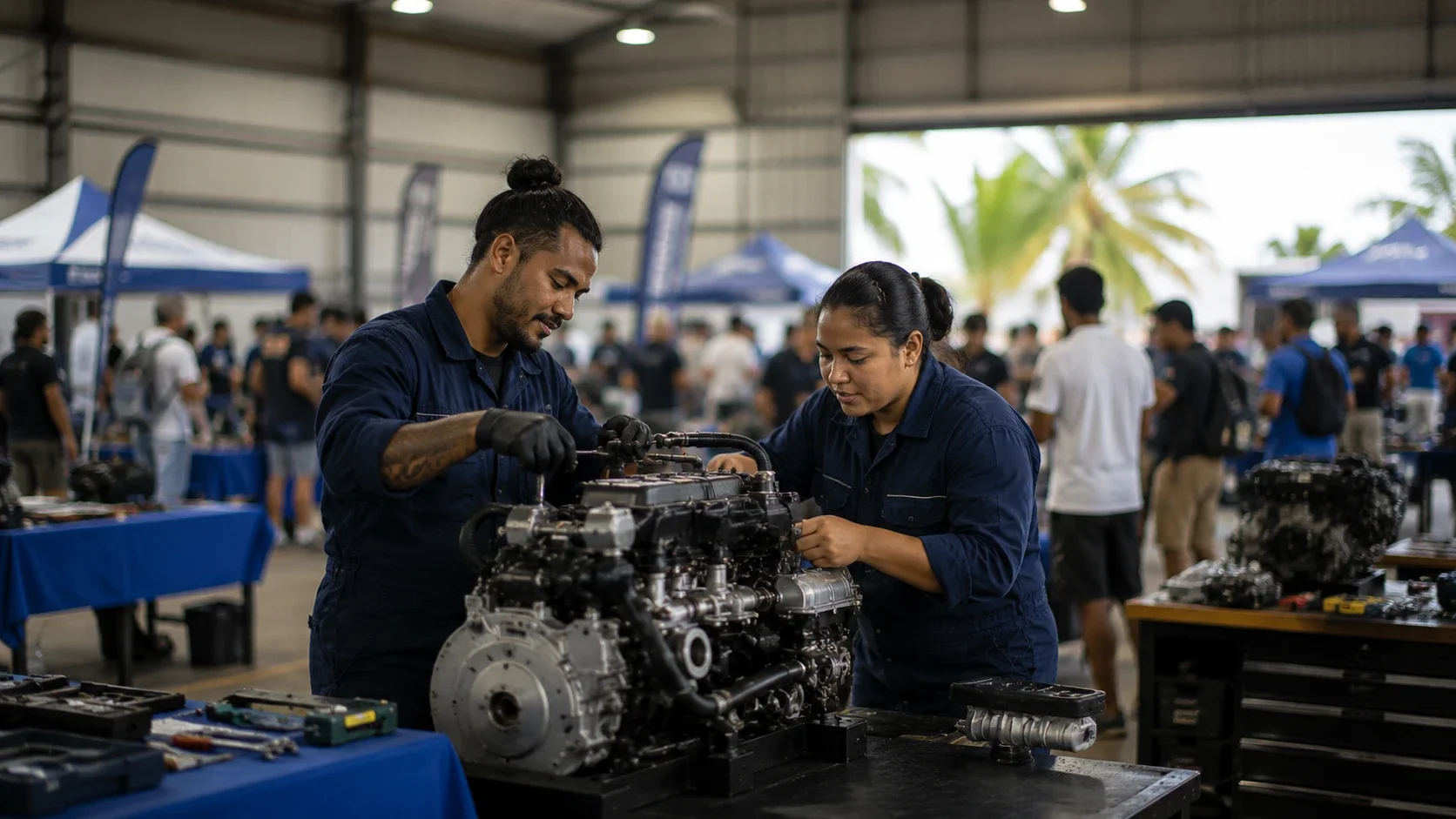 Deux techniciens examinant un moteur au Village Maintenance & Industrie